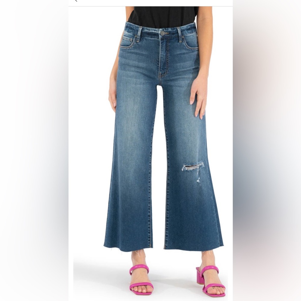 Kut from the Kloth Meg Fab Ab Distressed High Waist Wide Leg Jeans size 14
